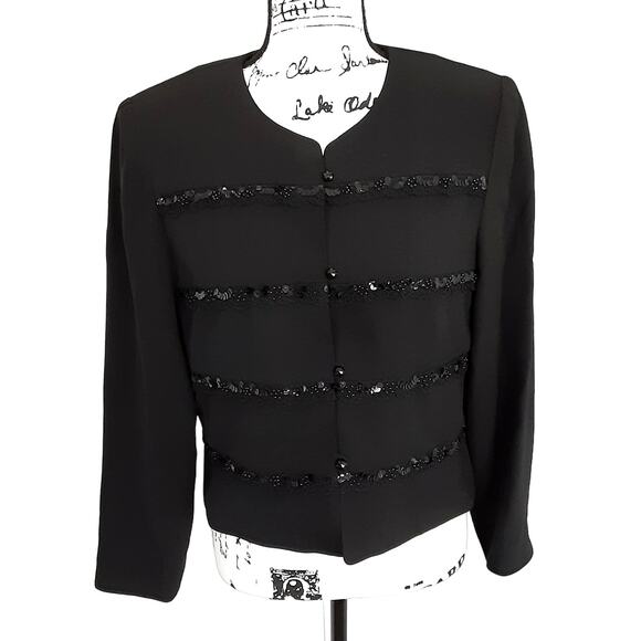 Vintage 90s Black Sequin Blazer Round Neck Jacket Button Front Shoulder Pads 12 - Picture 1 of 12